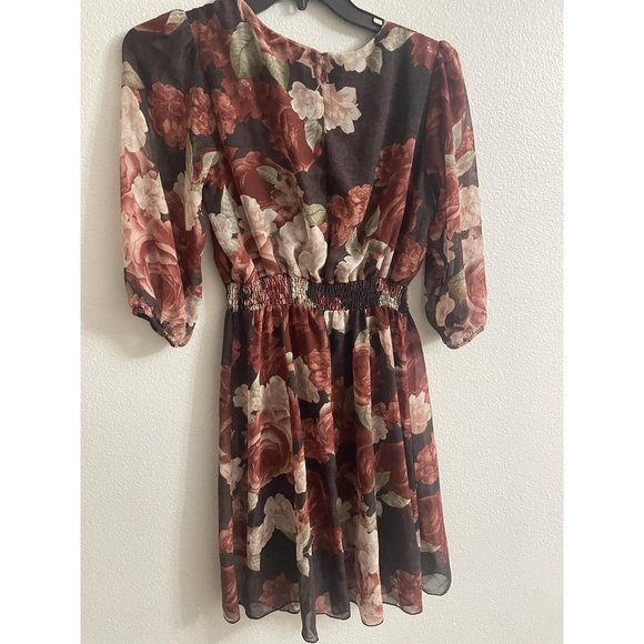 Kate and Lily Dress Floral Rust Midi Womens Sheer Sleeve Elastic Waist Size 12 - Picture 2 of 9